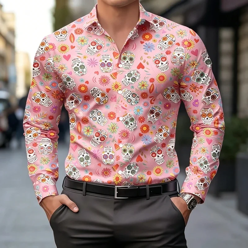 Day of the Dead Themed Men's colorful Candy Skull Floral Long-Sleeved Shirt, Retro Trendy and Versatile Shirt