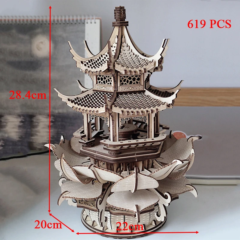 DIY Wooden Model Building Kits Pavilion in Lotus Breezes Creative Mortise Joint 3D Jigsaw Puzzles for Friends Birthday Gifts