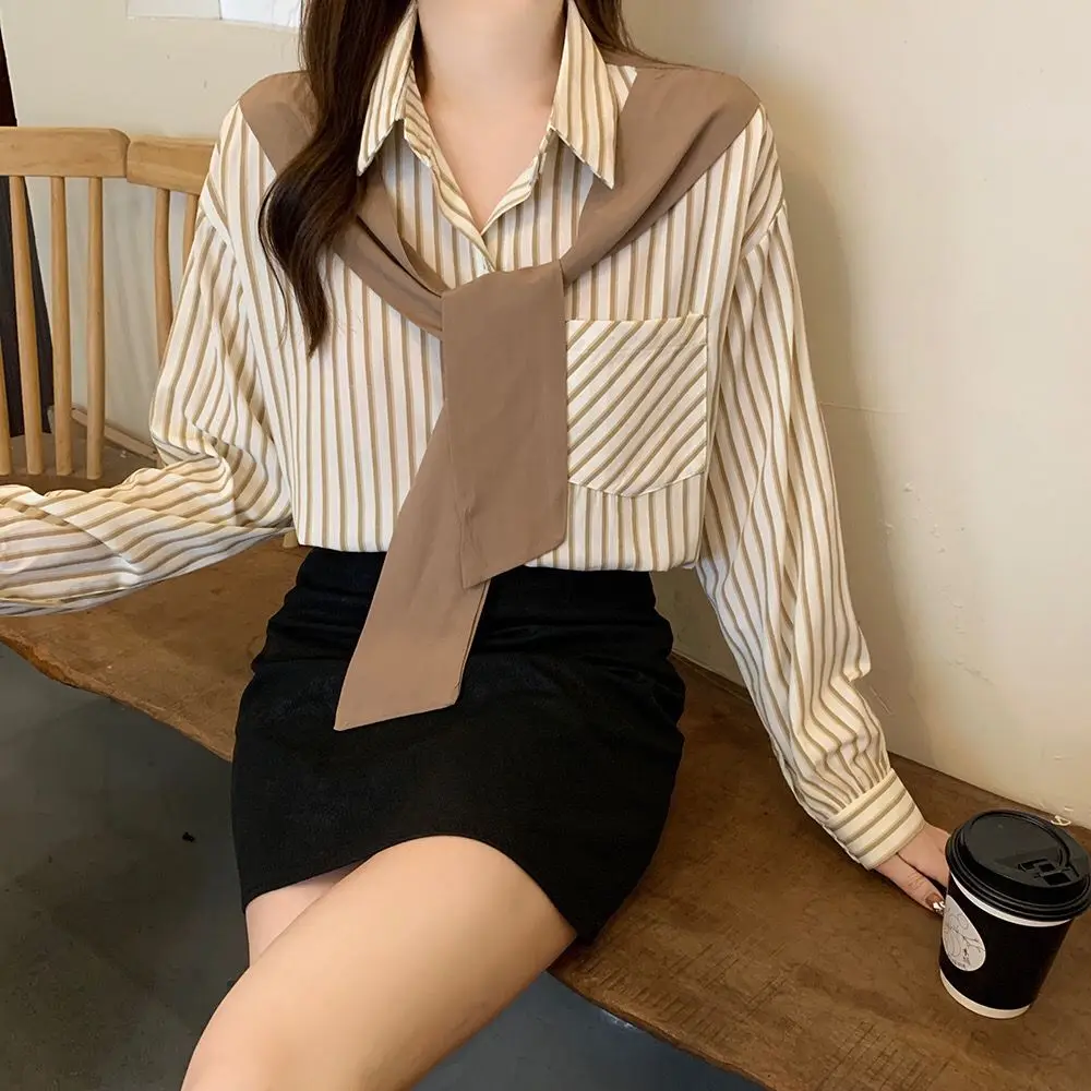 INS Korean Fake Two Pieces Preppy Students Blouses Coffee Navy Button Up Shirts Sweet Women Loose Casual Long Sleeve Tops Spring