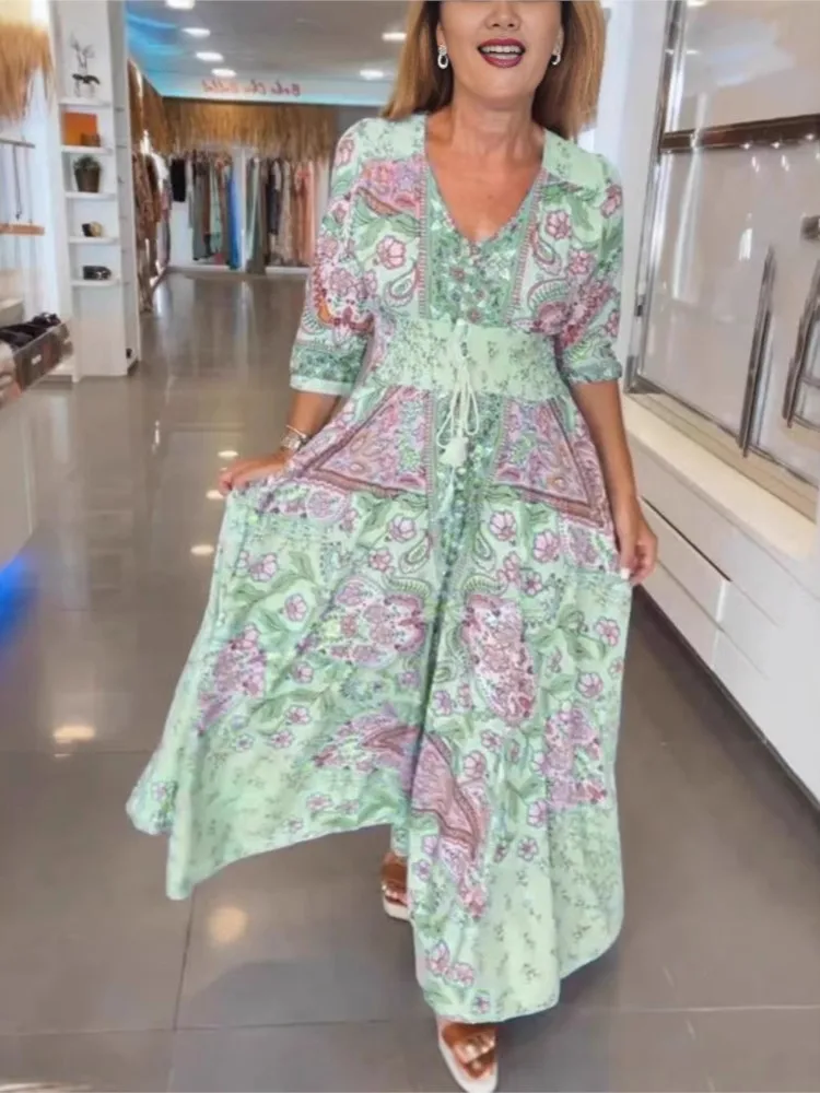 เดรสยาวสไตล์โบฮีเมียน แขนสั้น ลายพิมพ์ดอกไม้ คอวี ทรงหลวม สำหรับผู้หญิง สไตล์วินเทจ หรูหรา แฟชั่นลำลอง เหมาะสำหรับวันหยุดพักผ่อน งานปาร์ตี้ริมชายหาด