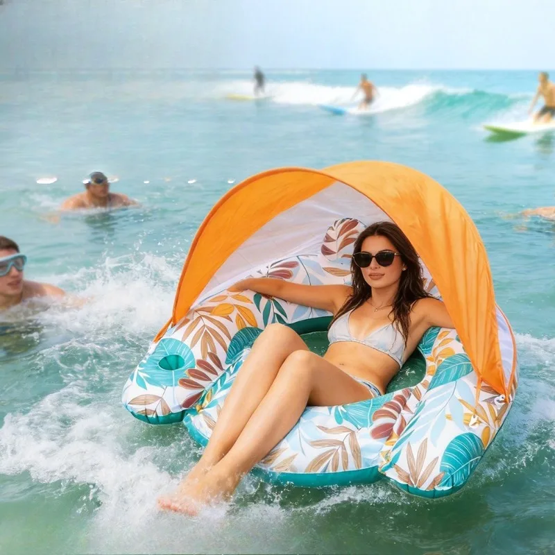 PVC Inflatable Lounge Float with Backrest,Thickened Canopy Floating Raft,Printed Mesh Water Float Chair for Pool Lake Relaxation