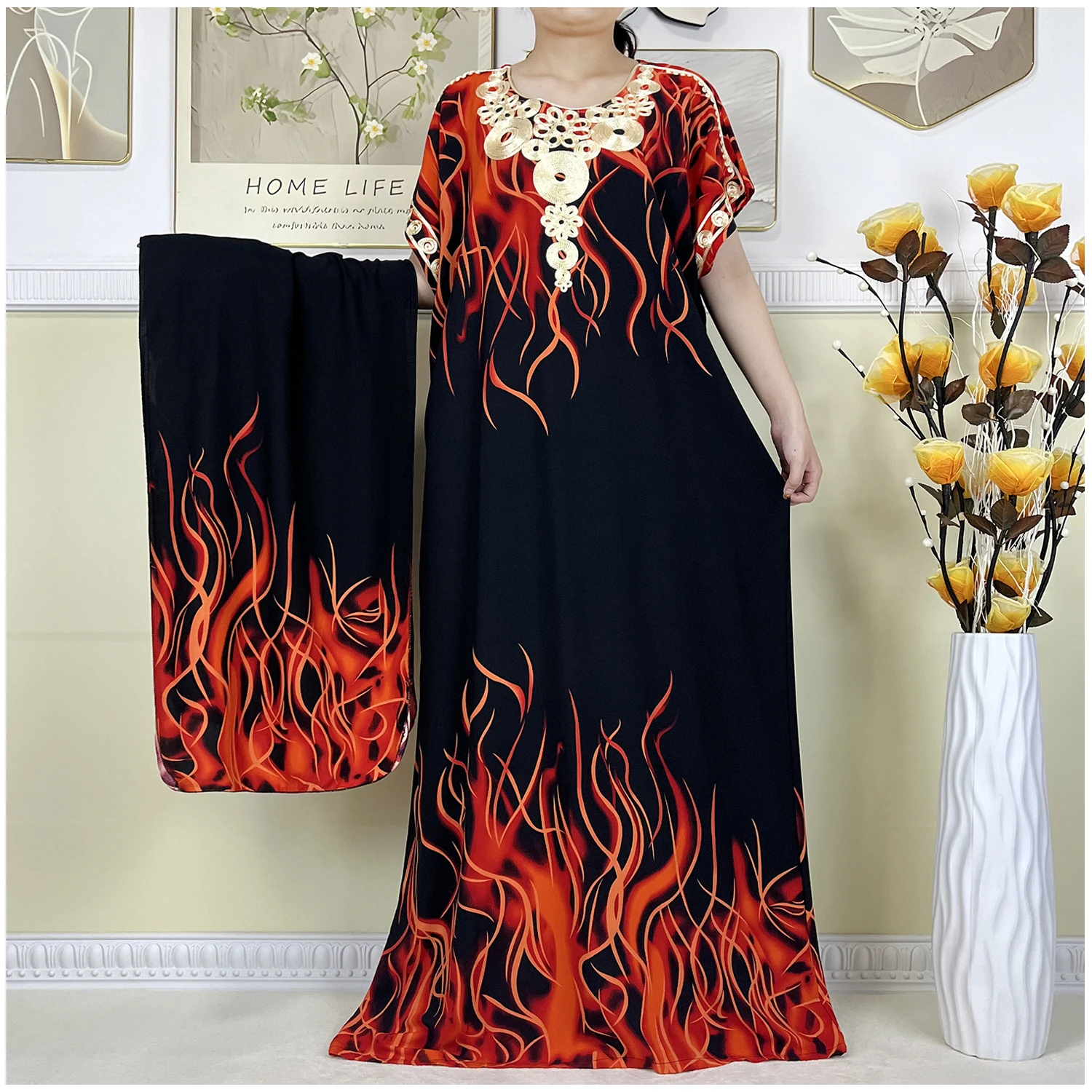 New Style Dubai Fashion Printing For Women Dress Casual Short Sleeve Loose Kaftan Maxi African Femme Abaya Dresses With Scarf