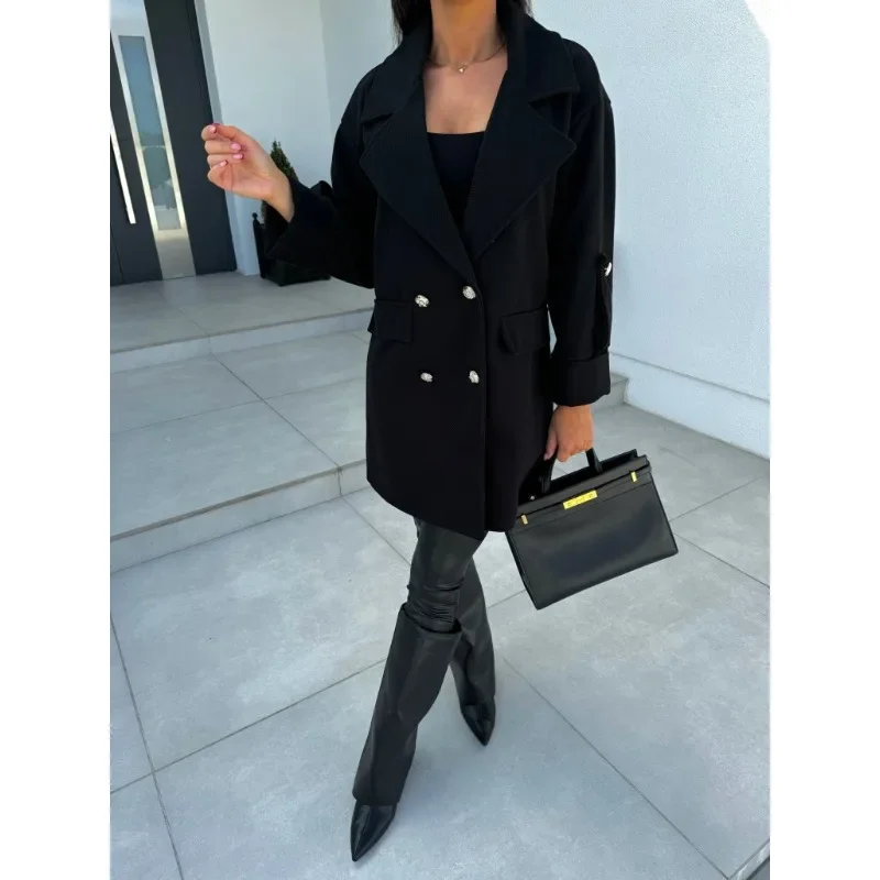 

S-XXL Women's New Casual H-shaped Suit Collar Double Breasted Coat Ladies Casual Solid Color Woolen Coat