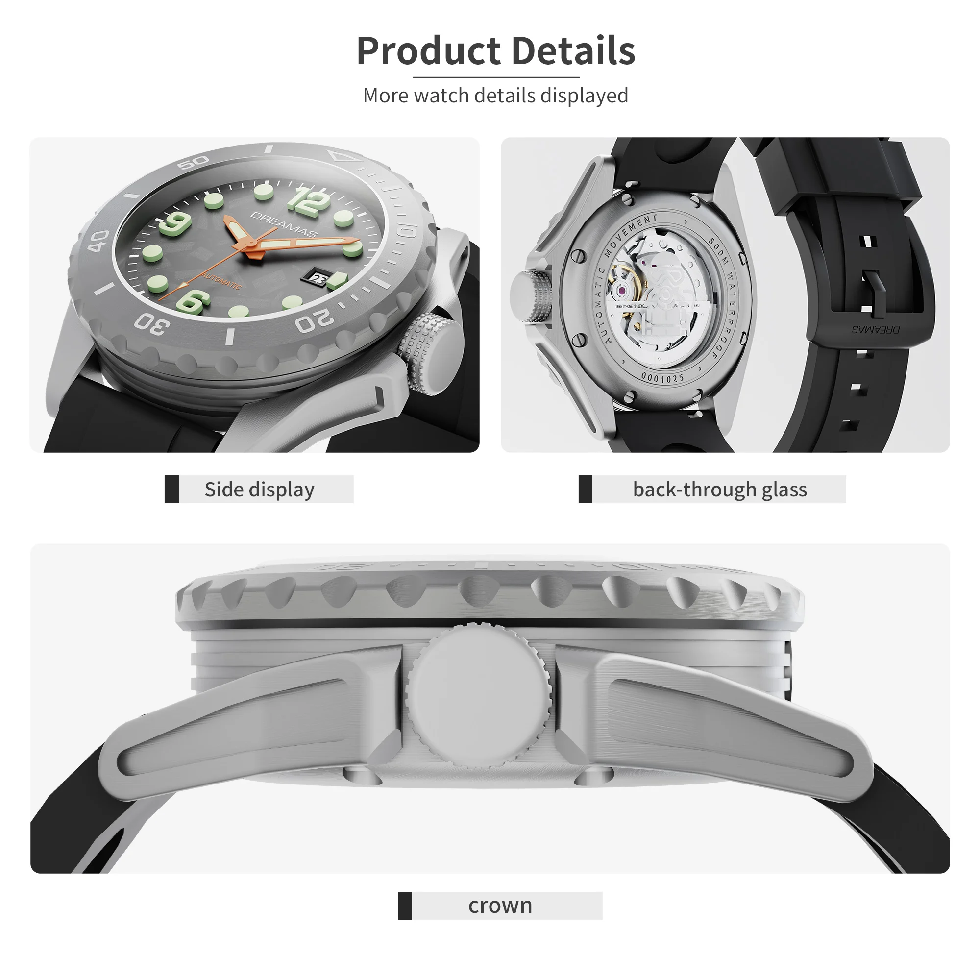 DREAMAS Herren Mechanische Uhr Titanlegierung Taucheruhr Schweizer 3D Super Leuchtend 500m Wasserdicht Automatikuhr DMS7350 – Detail 4