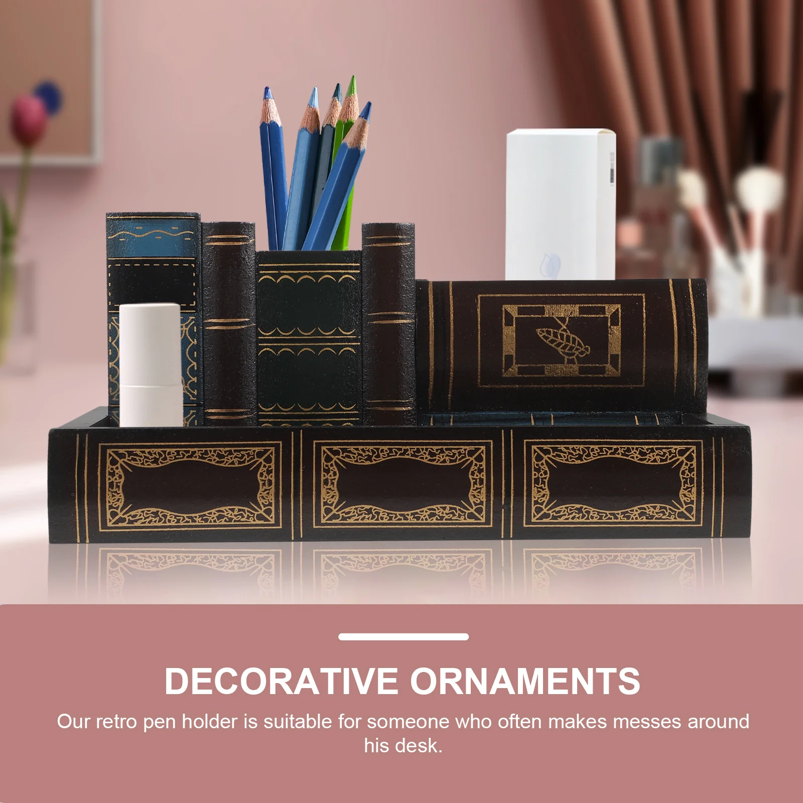

Retro Book Shaped Pen Holder Storage Box for Desk Organizing Stationery Supplies in Living Room School Office Use