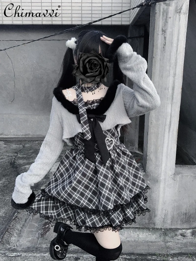 

Japanese Style Mass-Produced Dress Set Autumn New Sweet Cool Girl Strap Dress Long Sleeve Thin Coat Women's Two-Piece Set