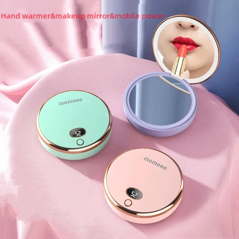 New style 3-in-1 led makeup mirror mobile power portable round mirror hand warmer Christmas gift