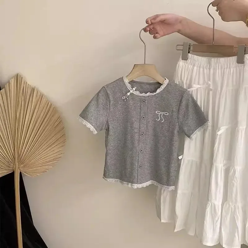 4-14Y Kid Girls Skirts Outfits RAISE Summer Bow Lace Junior Girls Short Sleeves Suits Children Girl Long Skirts 2PCS Clothes Set