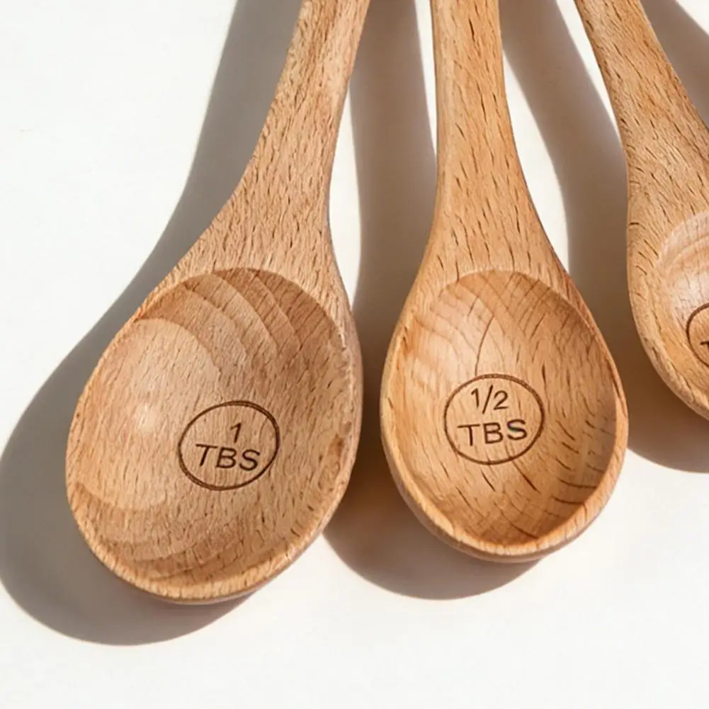 Cooking Baking Tools 6pcs Wood Measuring Spoon Set with Long Handles Engraved Beechwood Scoops for Dry Ingredients Essential