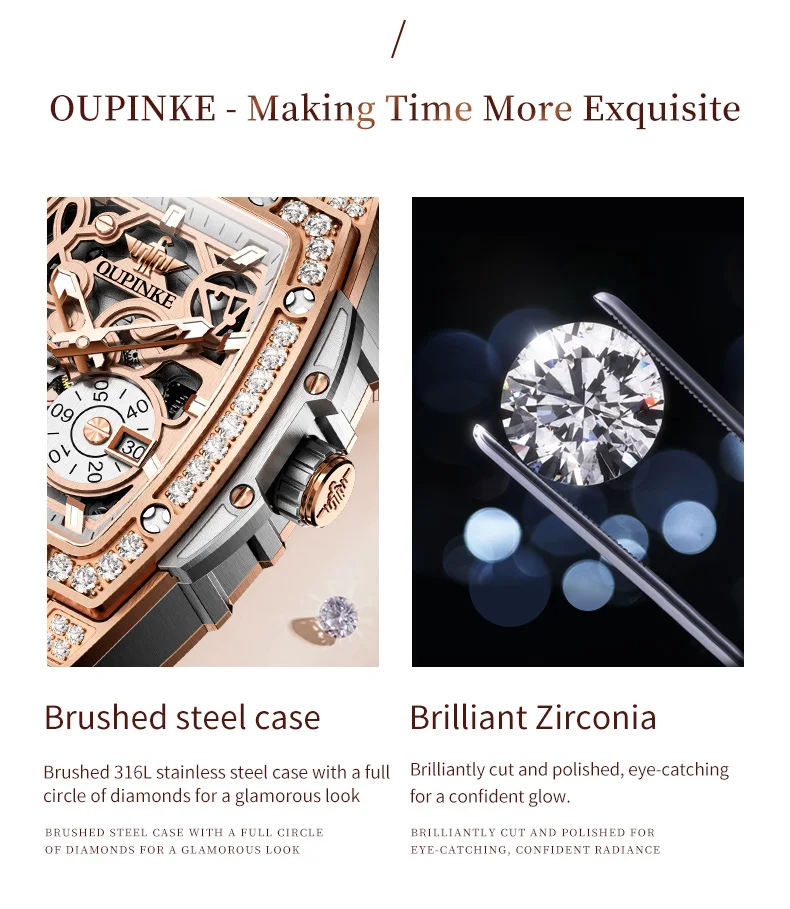 OUPINKE 3220 Flywheel Mechanical Watch for Ladies Luxury Elegant Hollow Silicone Strap Full Diamond Waterproof Automatic Watches