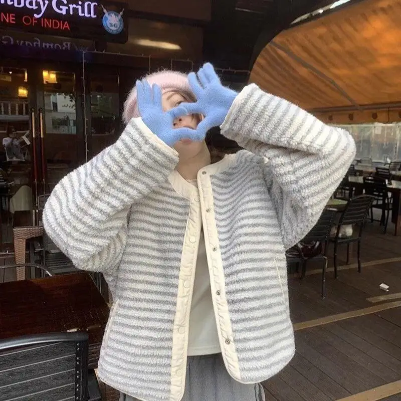 امرأة جولة الرقبة القطن وسادة مبطنة الفتيات أزياء طويلة الأكمام مخطط المخملية وجهين يمكن ارتداؤها معطف الشتاء الملابس هدية جديد #3