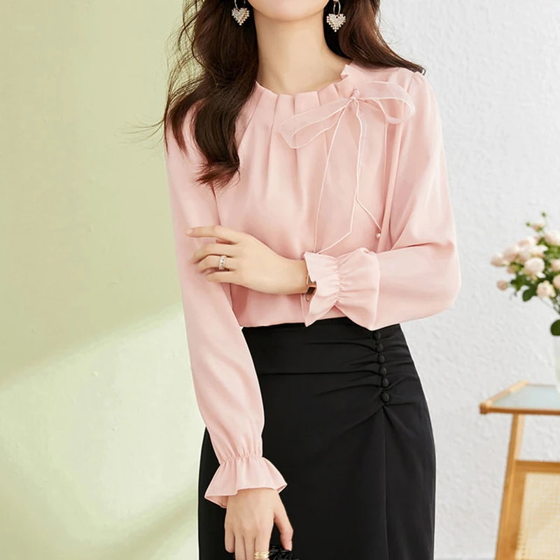 Women Chiffon Shirt Korean Solid Elegant Bow Lace Up Female Blouse Spring New Fashion Flare Long Sleeve Chic Ladies Tops