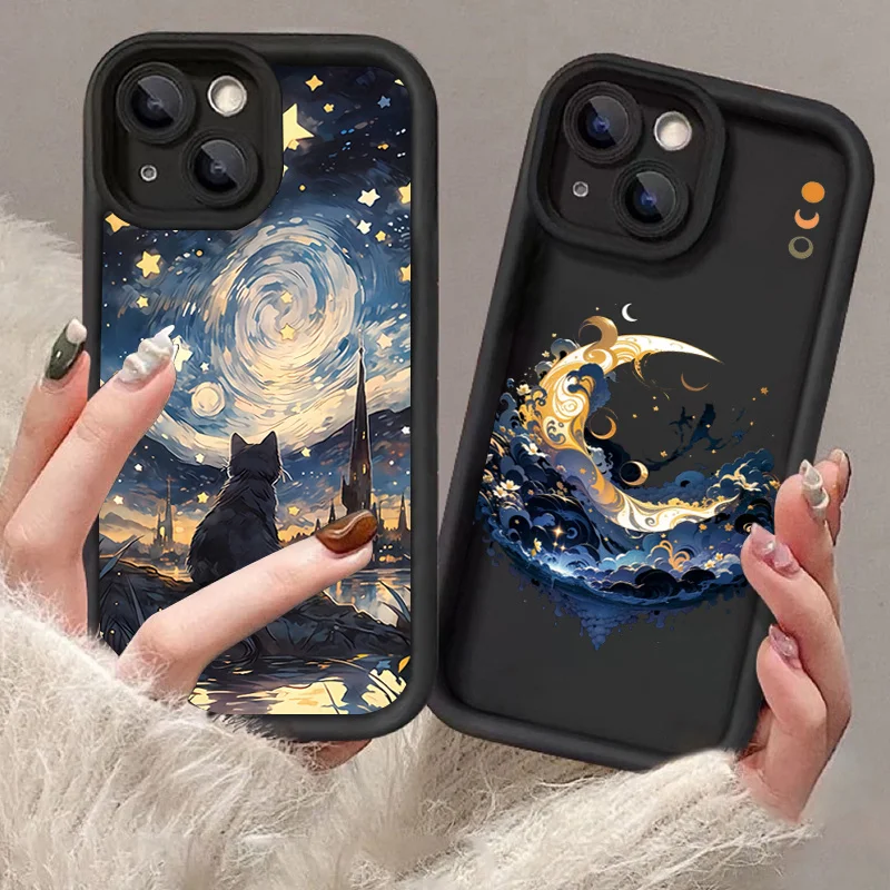

Dark painted oil painting starry sky soft silicone durable phone case suitable for iPhone 16 14 15 13 Por Max 7 8 X XS XR Plus