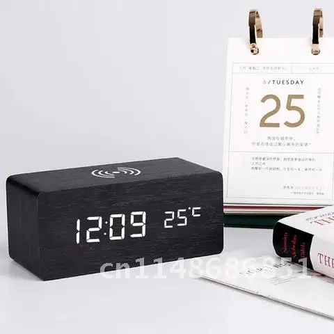 Smart home wooden LED digital clock with wireless charging, alarm, thermometer, and voice control