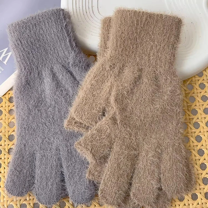 الشتاء الدافئ الندى اثنين من أصابع قفازات للرجال والنساء المنك بطانة شاشة تعمل باللمس قفازات متعددة الأصابع سميكة الدافئة طالب قفازات