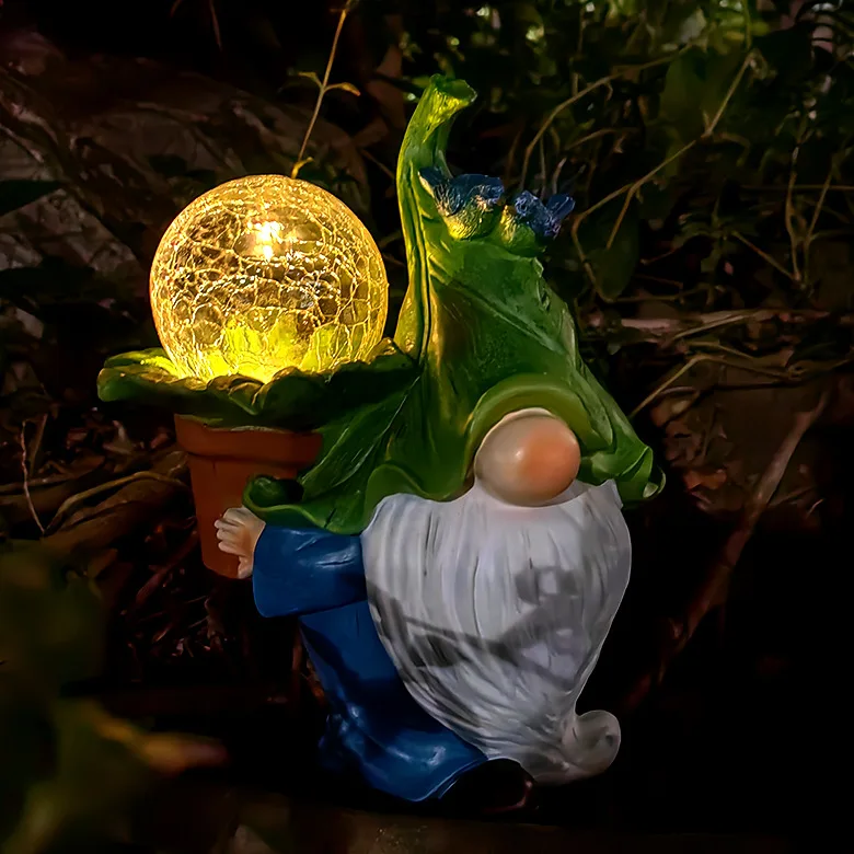 Solar Powered Gnome Statue - Resin Fairy Garden Decor, Cute Dwarf Figure with LED Light