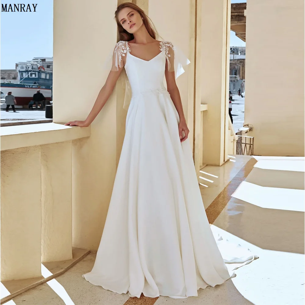 

MANRAY Elegant Floor Length Wedding Dresses Jersey Appliques Short Sleeve Zipper Back A-Line Bridal Gowns Vestidos Novia 2023