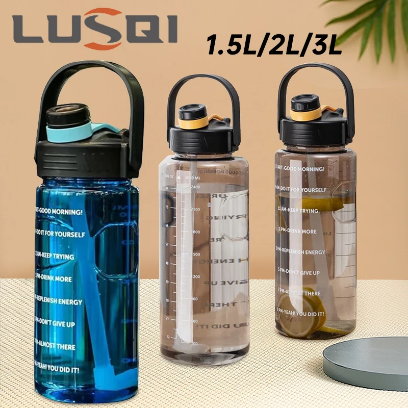 LUSQI 1.5 L/2L/3L Bottled Large Capacity Sports Water Cup Leak-proof With Straw Plastic And Time Stamp For Home Outdoor Sports