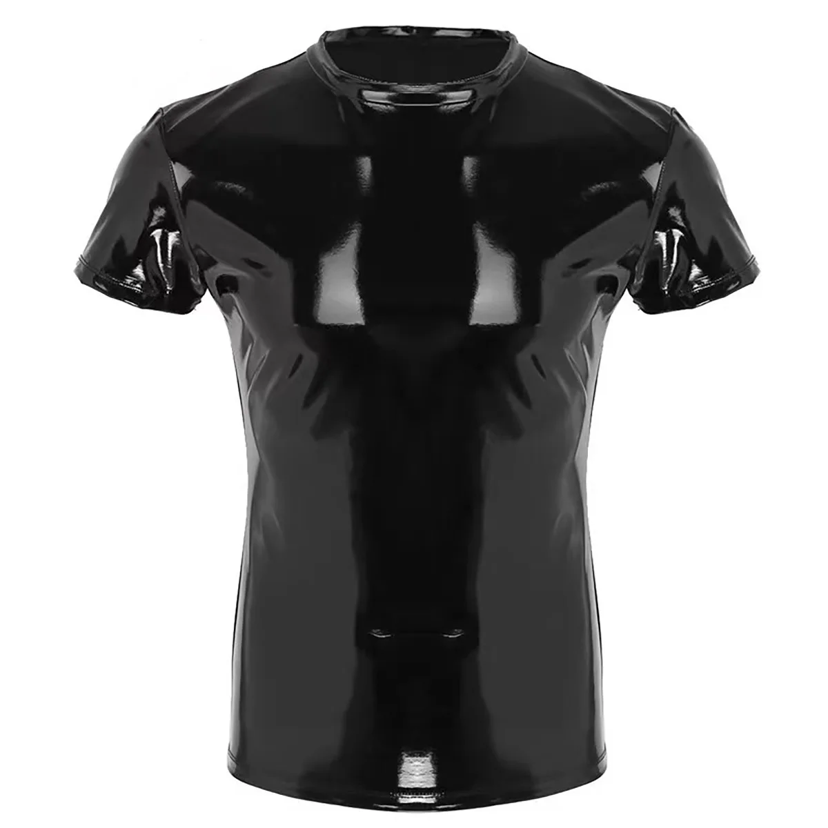 Men Short Sleeve Tee-Shirt Plus Size S-5XL Casual Wear PVC Faux Leather Shiny Tops Glossy Corset Round Collar T Shirt Tight Coat