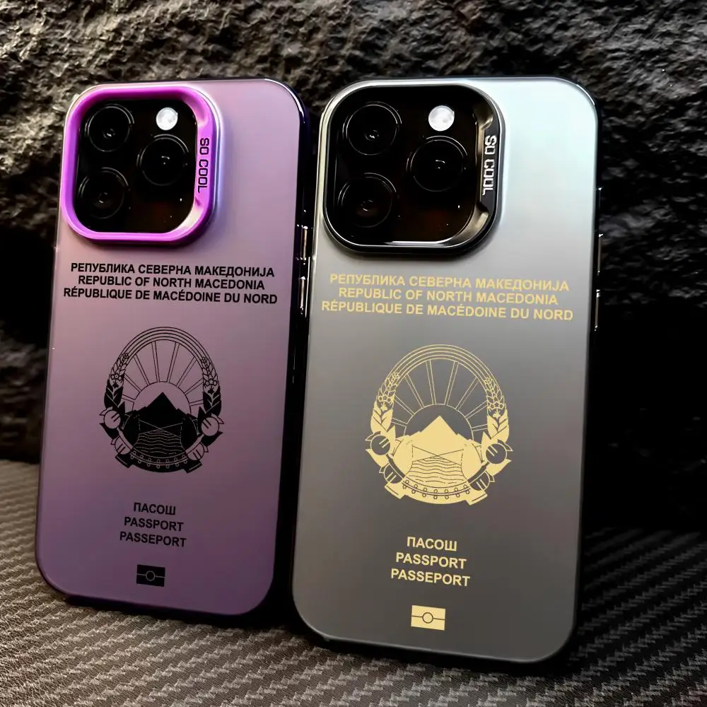 1PC Macedonia Passport Phone Case For iPhone 17 16 15 14 13 12 Pro Max Air multicolor Matte Laser Metallic Aurora Funda