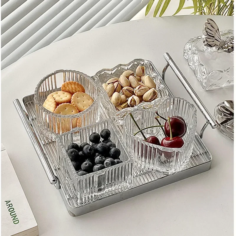 Light Luxury Dried Fruit Plate Four Compartments With Lid Candy Box Embossed Texture Dim Sum Dish Two Ear Handle Decoration Tray