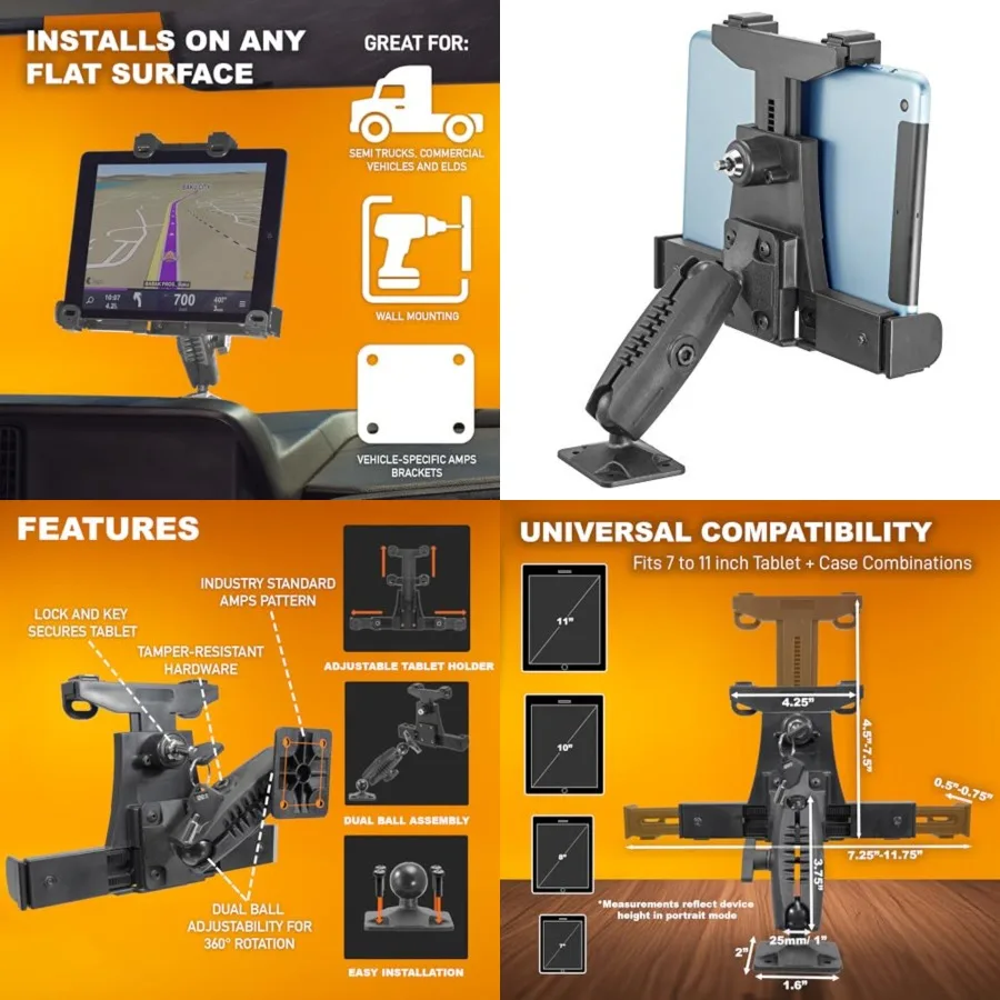 

Heavy Duty Industrial Composite Locking Drill Base Mount for All 7" - 10" Tablets- for Trucks/Vehicles/Wall Mount: Great for ELD, Fleets, and Restaurants
