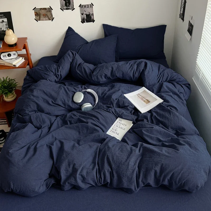 

New High Weight Micro Crepe Double Wash Cotton Four-piece Set Blue Duvet Cover Skin-friendly Sheets and Pillowcases