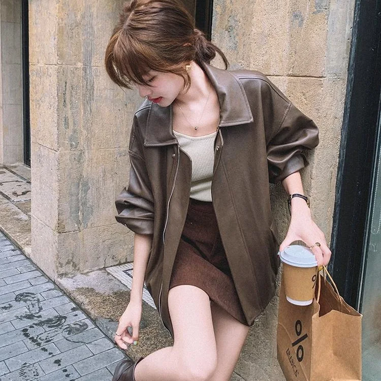 Giacca da donna streetwear retrò allentata corta in ecopelle Pu primavera autunno cappotto con cerniera femminile capispalla da motociclista vintage