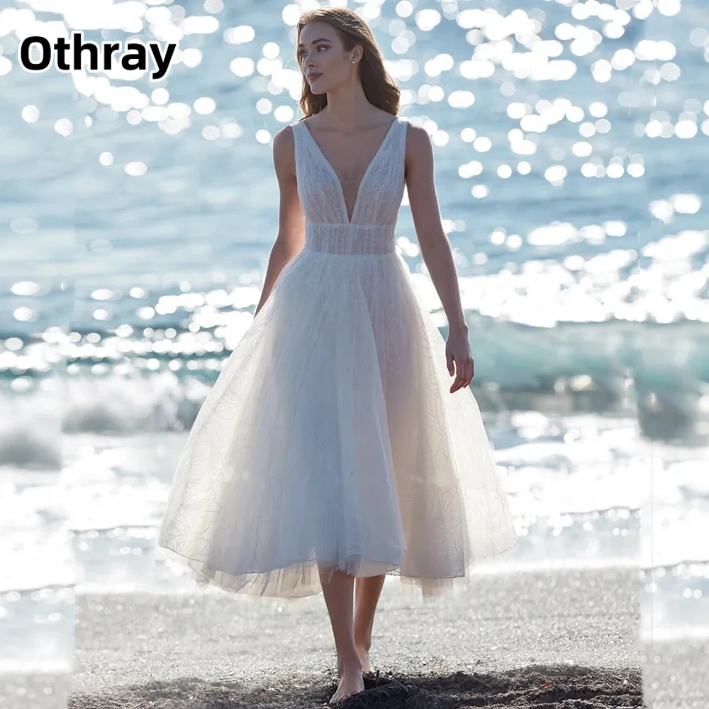 

Othray Short A-line V-neck Backless Bridal Dresses Sleeveless Wedding Dress for Women Tea Length Wedding Brides Party Wear