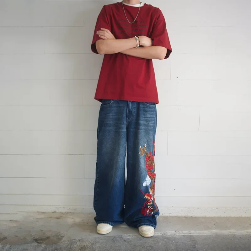 Celana Jeans Baggy Biru Vintage Y2K Bordir Loong Cina Gaya Harajuku Hip Hop High Street Ripple Wash Unisex Model Lurus