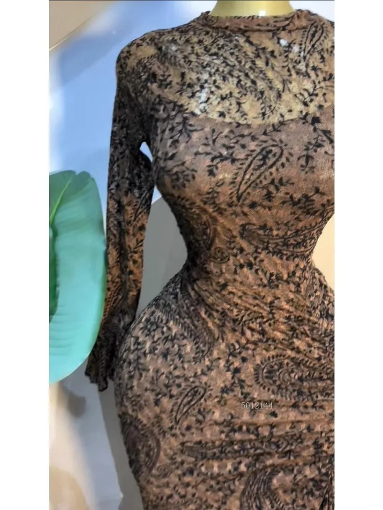 2026 Elegant Women Long Sleeve Ruched Mesh See Though with Lining Bodycon Long Dress Fall Evening Birthday Sexy Party Dresses