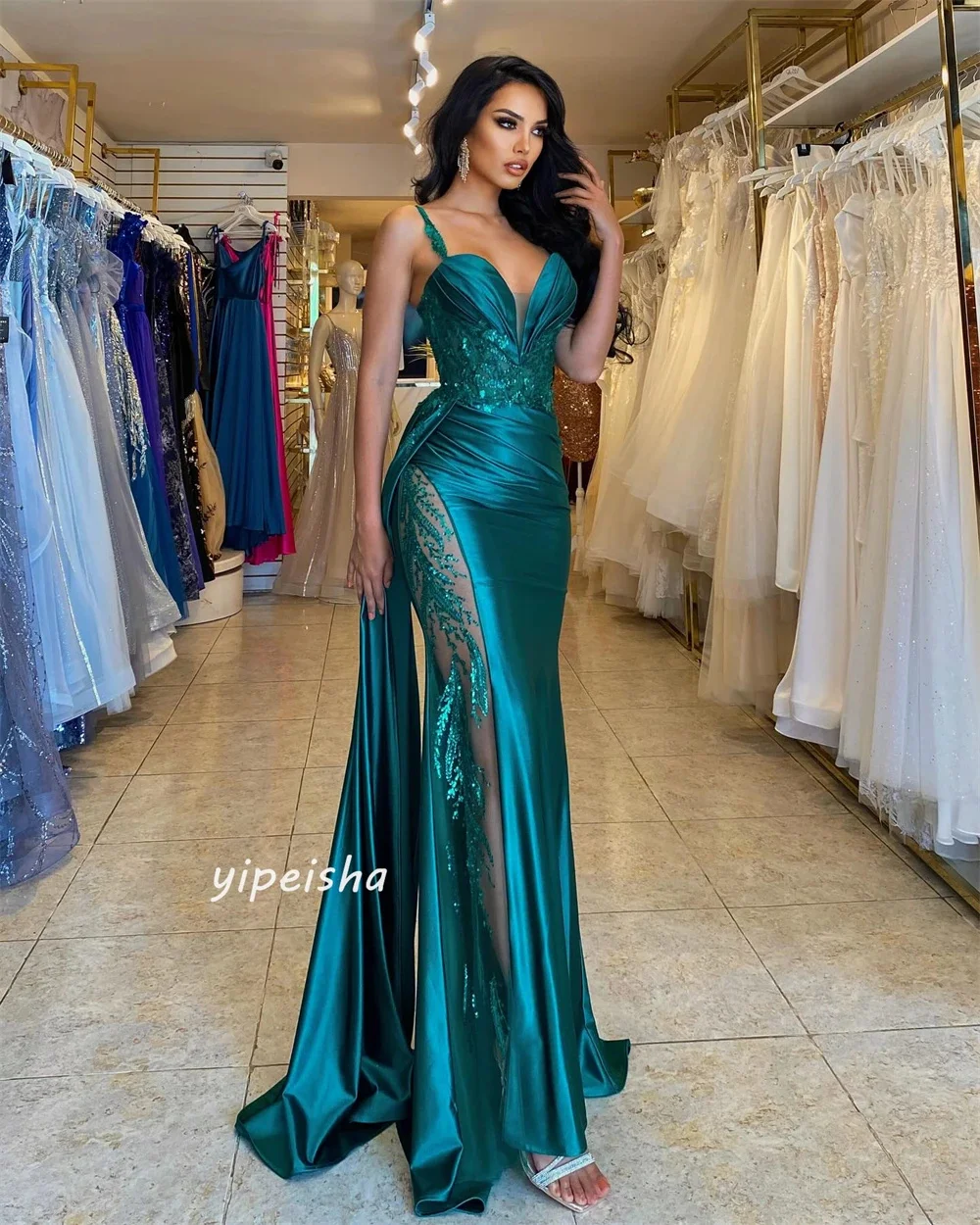 Bella Green V-neck Satin Wedding Dresses Spaghetti Strap Sleeveless Vestidos De Fiesta Mermaid Floor-length 2024 فساتين سهرة