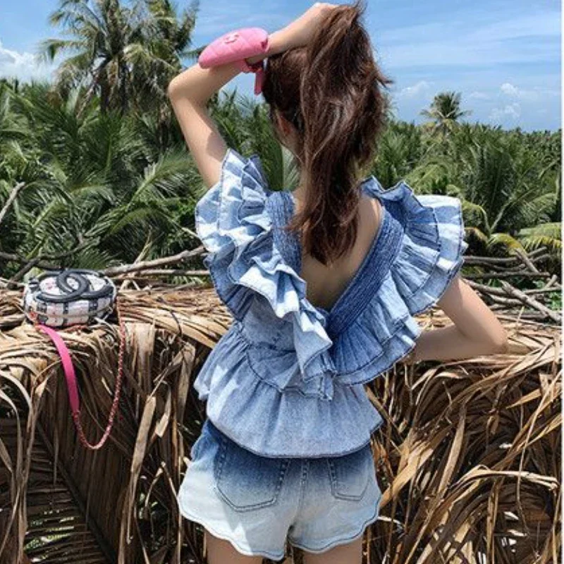 Women V-neck Ruffled Denim Sleeveless Shirts High Waist Summer Lotus Multi-Layers Pleated Blouse Folds Crop Tops Blusas Mujer