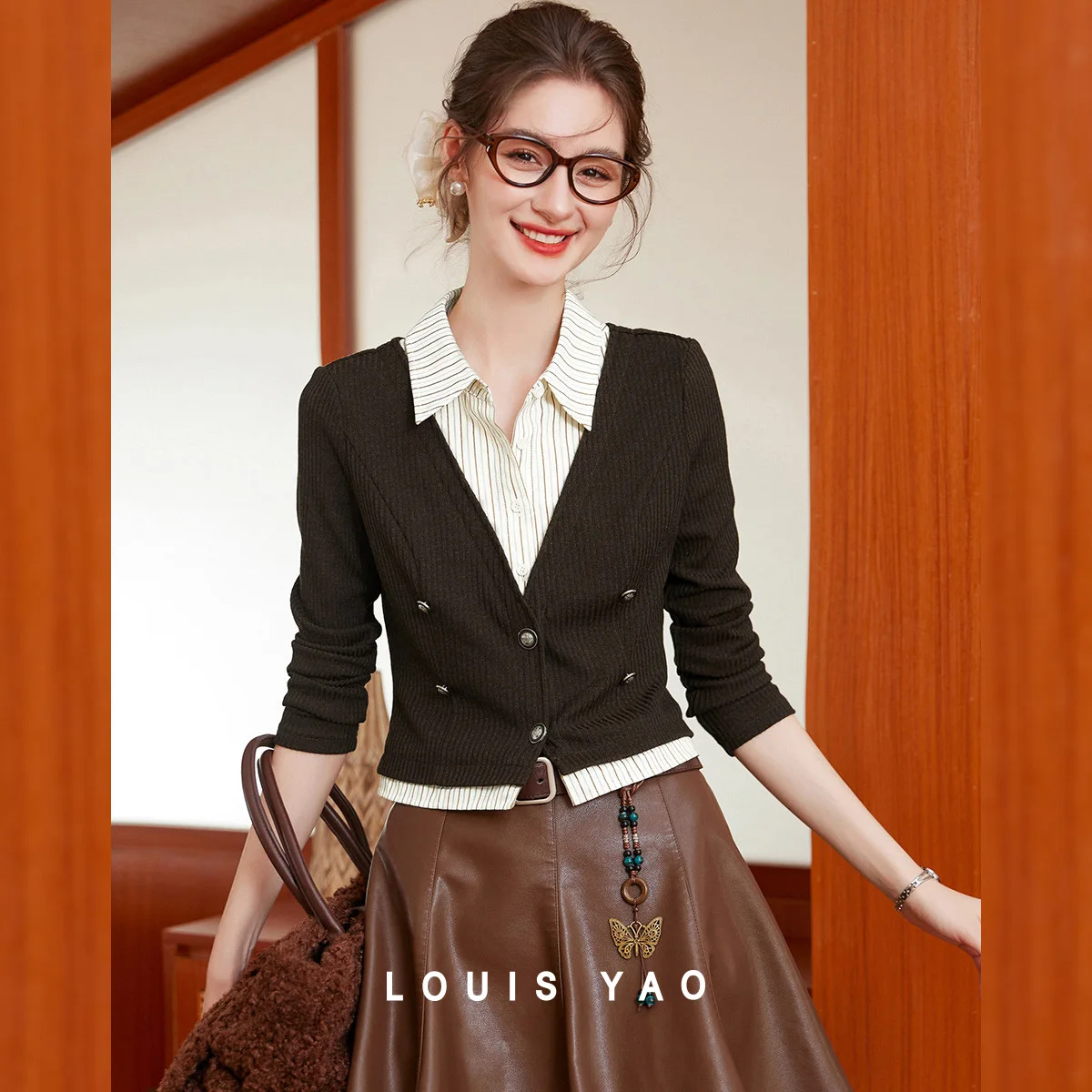 

LOUIS YAO Contrasting Color Patchwork Women's Shirt 2025 Autumn Two-Piece Striped Shirt Retro Design Turn-Down Collar Cardigan