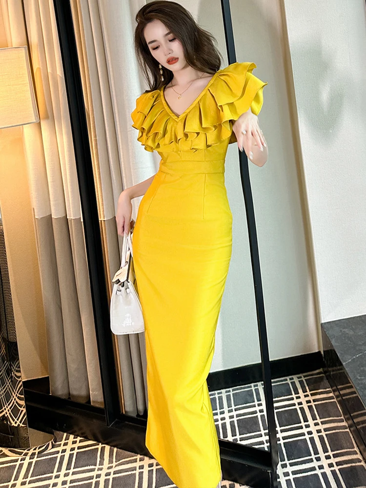 Mode Sommer Gelb Lange Abendkleid Frauen Damen Kleidung Elegante Chic Rüschen V-ausschnitt Schlank Midi Prom Robe Femme Mujer Vestido