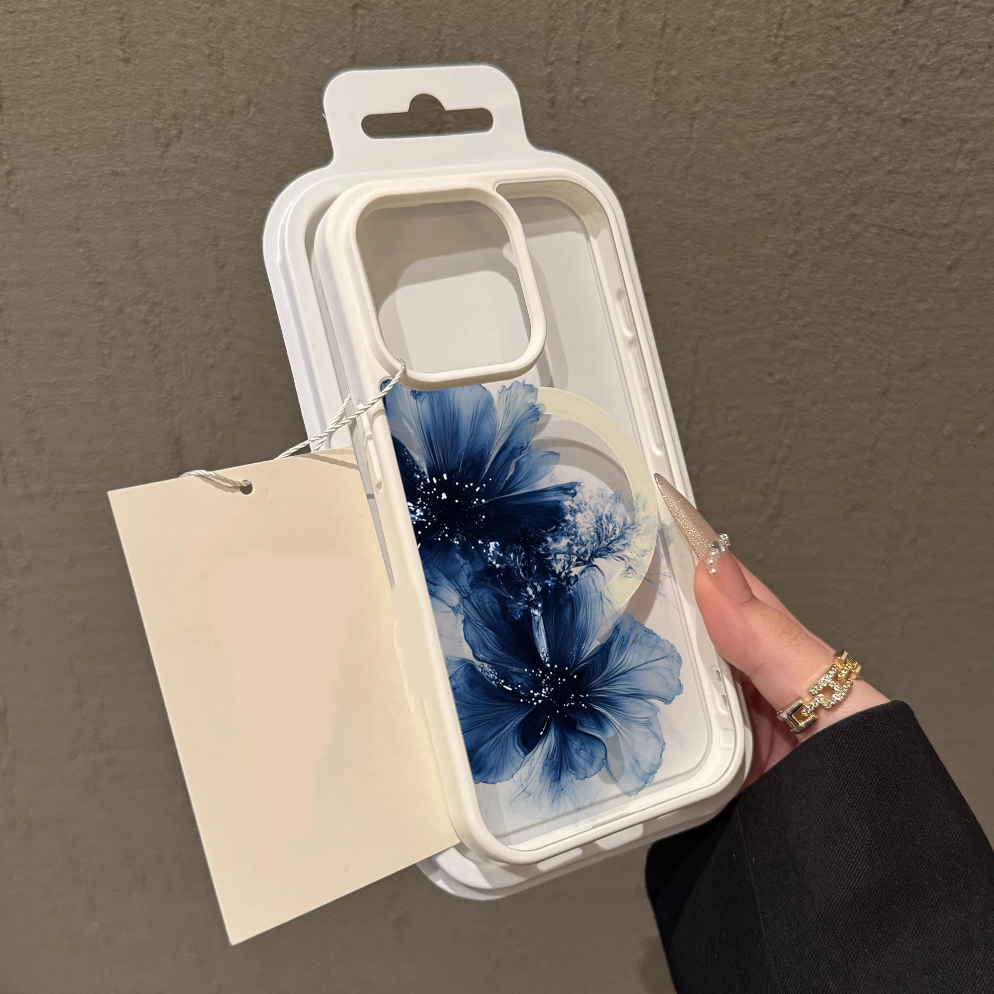 Tintenblaue Blumen-Transparenthülle für Magsafe iPhone 11 15 16 Pro Max 17 14 11 13 12 Pro Max Plus Hülle Magnetisches Kabelloses Laden Coque – Detail 1