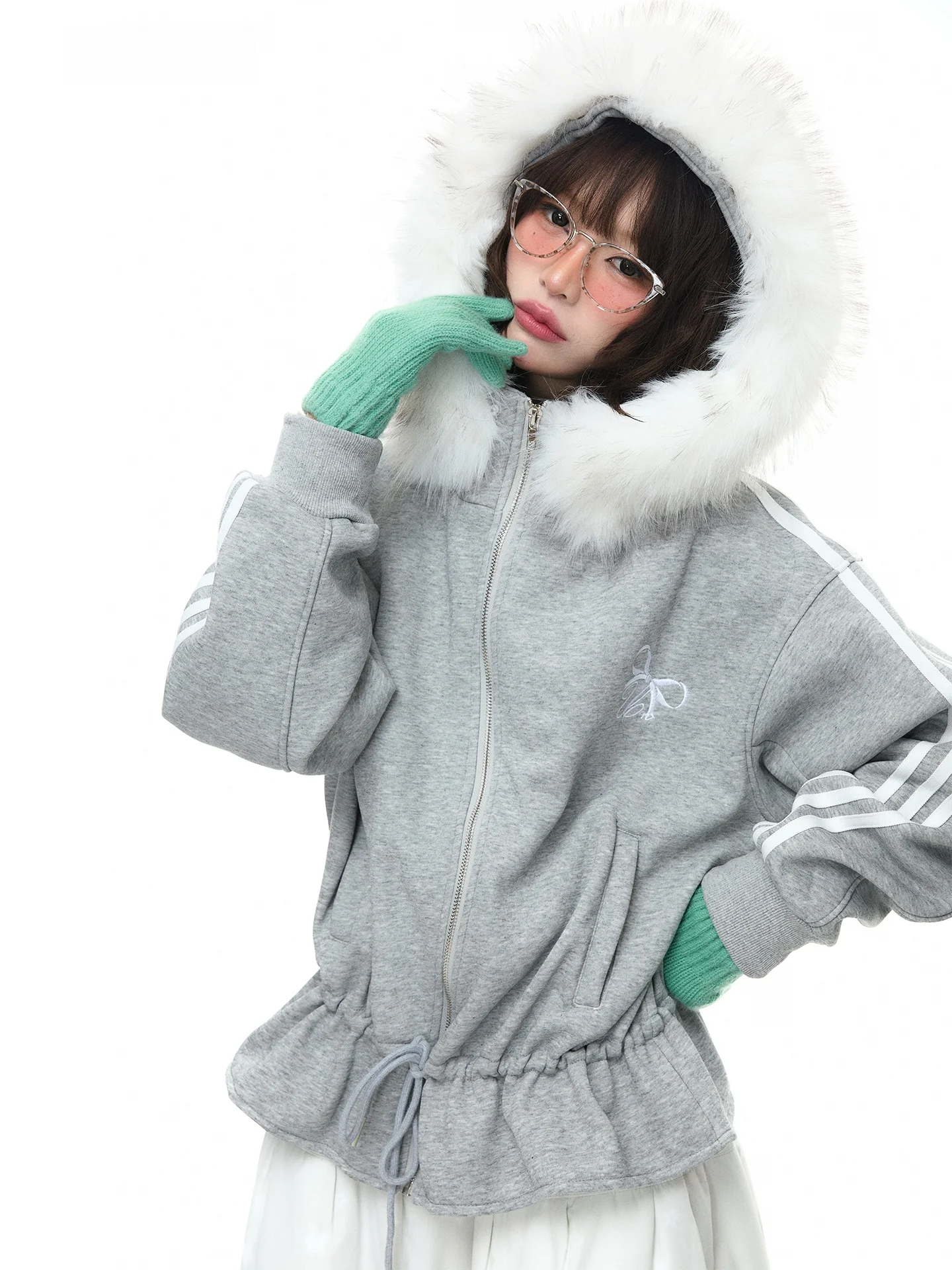 

Korean College Sle Hooded Sweatirt ASTRSK Embroidered Fce Lined Dstring Loose Fit Women's Long Sve Zipper Cardigan