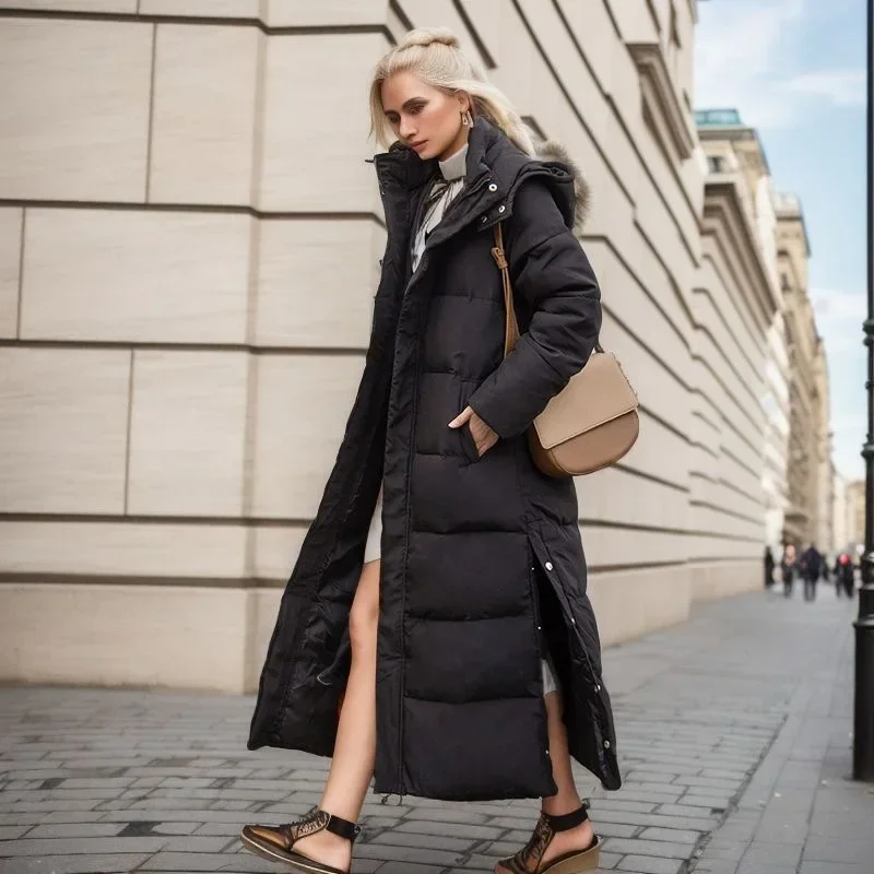 Manteaux à capuche en plumes pour femmes, vestes d'hiver pour femmes coréennes, doudoune épaisse et longue, bouffante, 2023