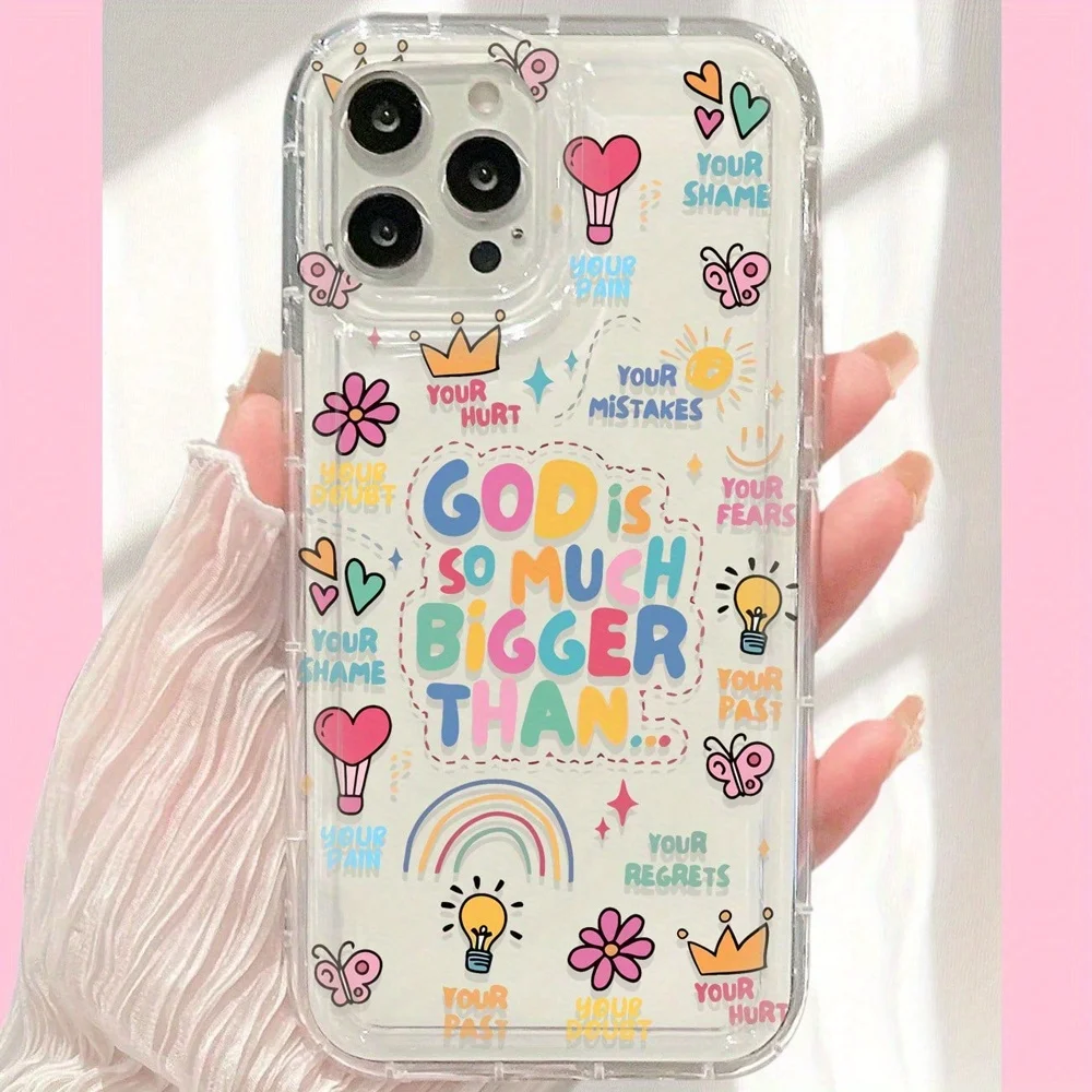 Capa Transparente para iPhone 17 16 15 14 13 12 11 Pro Max com a Frase 'GOD IS SO MUCH BIGGER THAN', Celulares Baratos em Promoção
