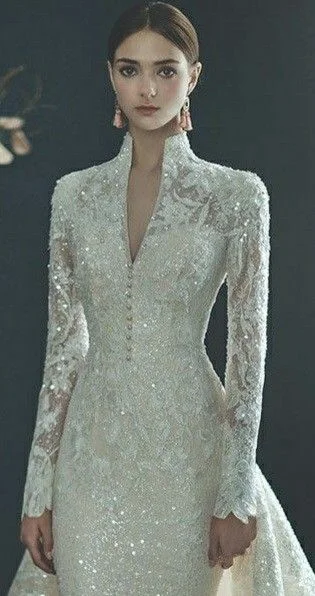 Elegant High Neck Long Sleeve Mermaid Wedding Dress Beaded Lace Detachable Train amanda novias official Bridal Gown Custom