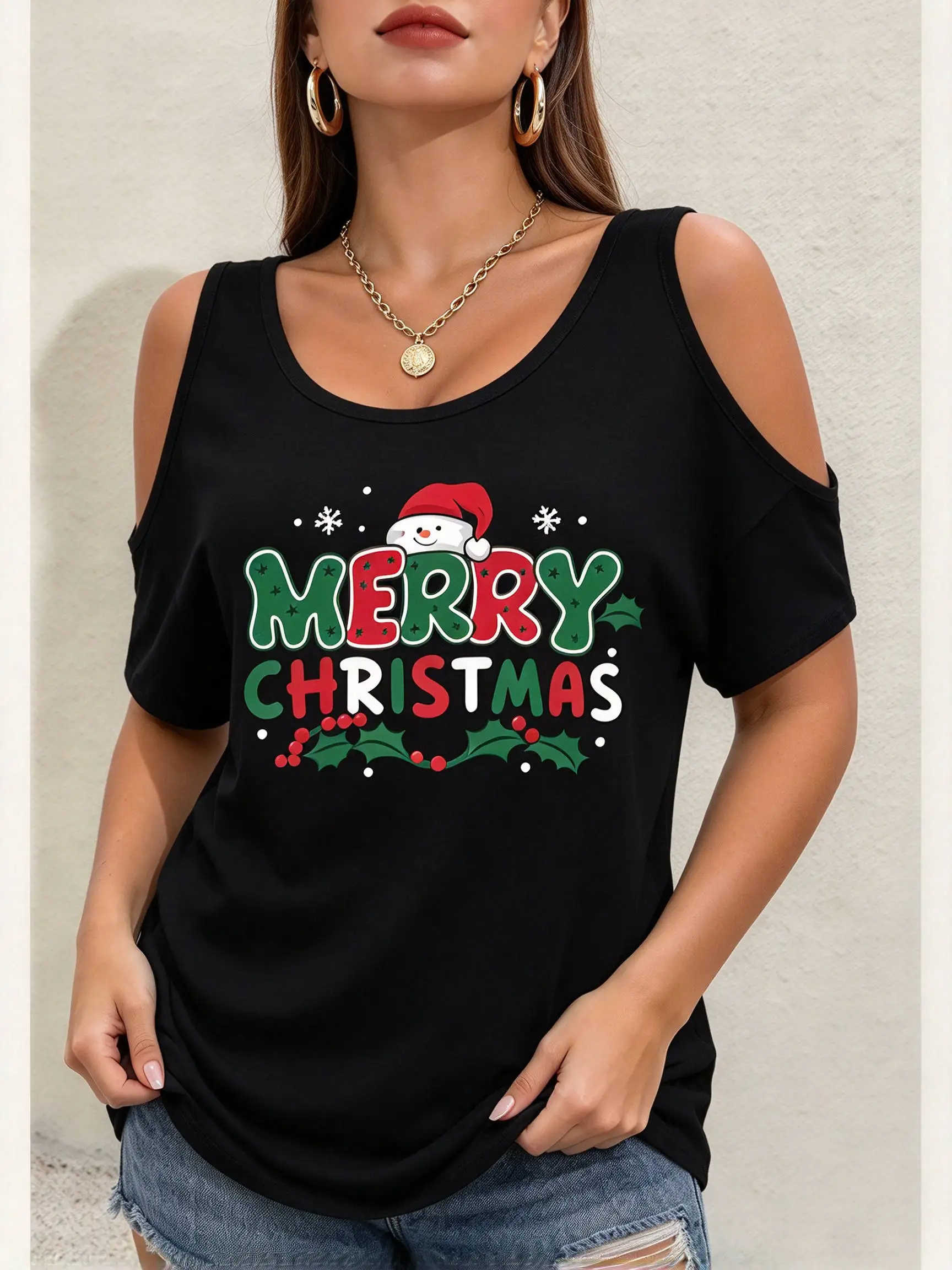 Merry Christmas Snowman 3D Print Women Cold Shoulder T-shirt Funny Santa Claus Pattern Short Sleeve Tops Fashion X'mas Clothing