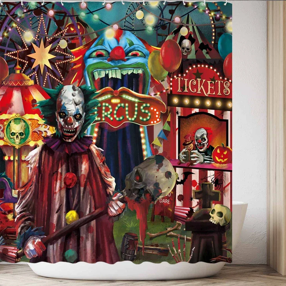 Halloween Eve Circus Shower Curtain Clown Creepy Carnival Haunted House Bathtubs Bathroom Curtains Set Washable Fabric Bath Sets