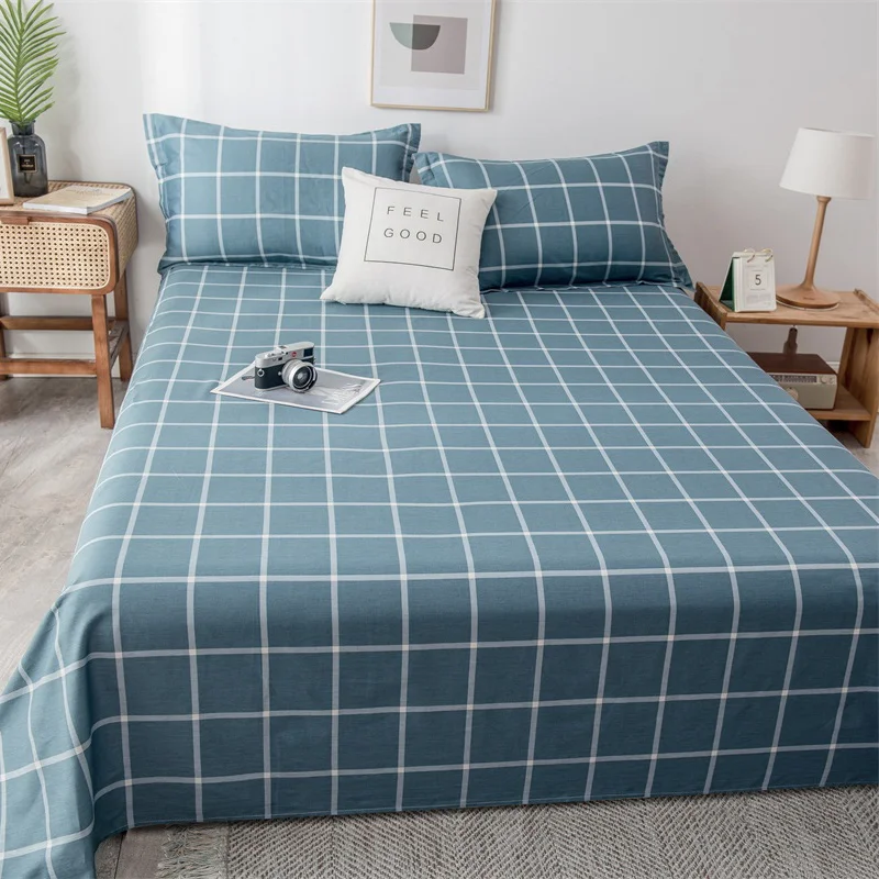 Geometric Plaid Flat Sheet Queen Cotton Checkered Gingham Bed Sheet Set Soft Farmhouse Buffalo Grid Bed Cover with 2 Pillowcases