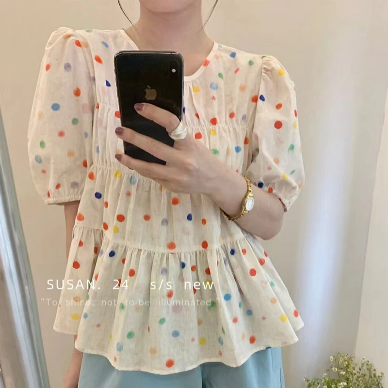 Colorful Polka-dot Short sleeve Puff Sleeve Shirt Women  Summer New Korean Sweet Round Collar Pleated Loose Tops Clothes 1975