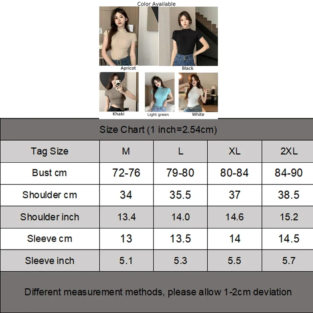 Stylish T-Shirt Female Top Women Daily Half High Collar Minimalist Mock Neck Office Short Sleeves Skin-friendly