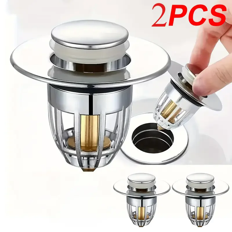 2-Pack Stainless Steel Sink Stoppers - Pop-Up Drain Stoppers with Odor-Proof Copper Core & Hair Catcher for Sink/Bathtub