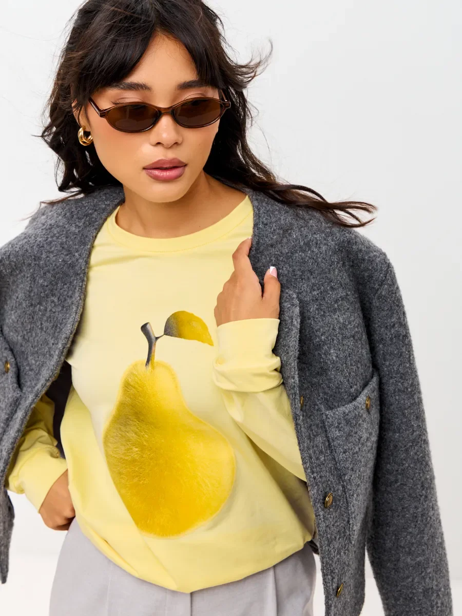 

Темперамент в европейском стиле, повседневный, свободный осенний, милый, модный, универсальный светло-желтый, из чистого хлопка с длинными рукавами, тренд Y2K