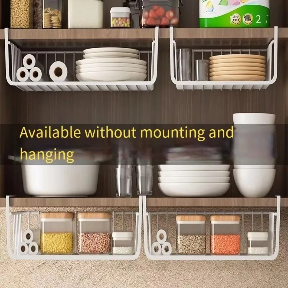 1pc White/Black Hanging Net Basket Iron Material Large Capacity Hanging Under Cabinet Wall Wardrobe Storage Basket Kitchen Tools
