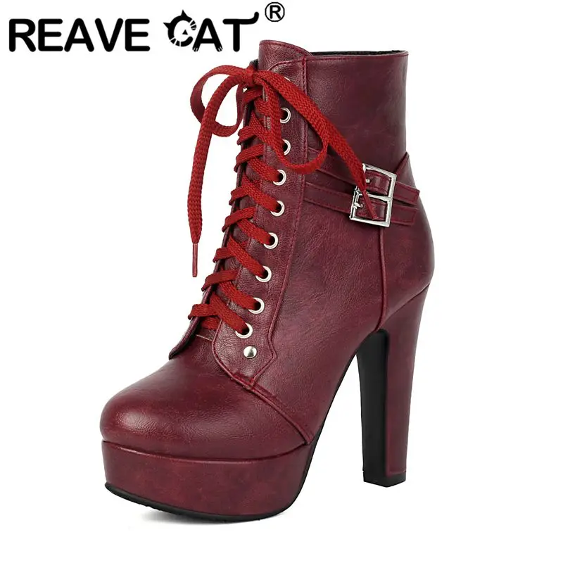 REAVE CAT White Women Ankle Boots Round Toe 11.5cm High Heels 3cm Platform Lace Up Belt Buckle Plus Size 42 43 Sexy Party Botas