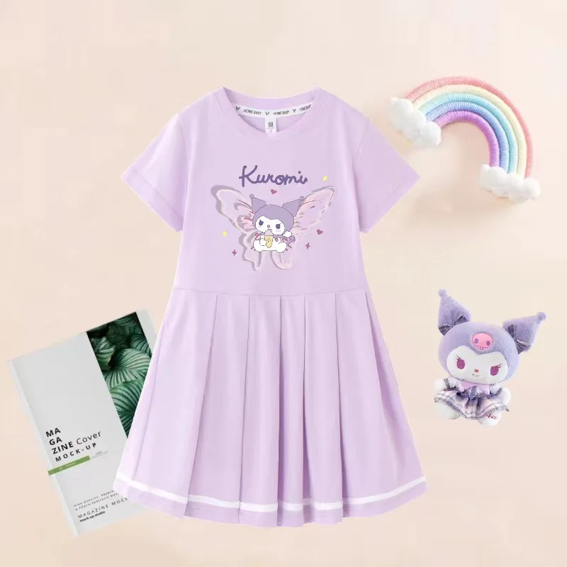 Sanrio Kuromi Girls Fashion Short Sleeve Dresses Summer Cute Cinnamoroll Melody Print Princess Dress Kids Birthday Clothes